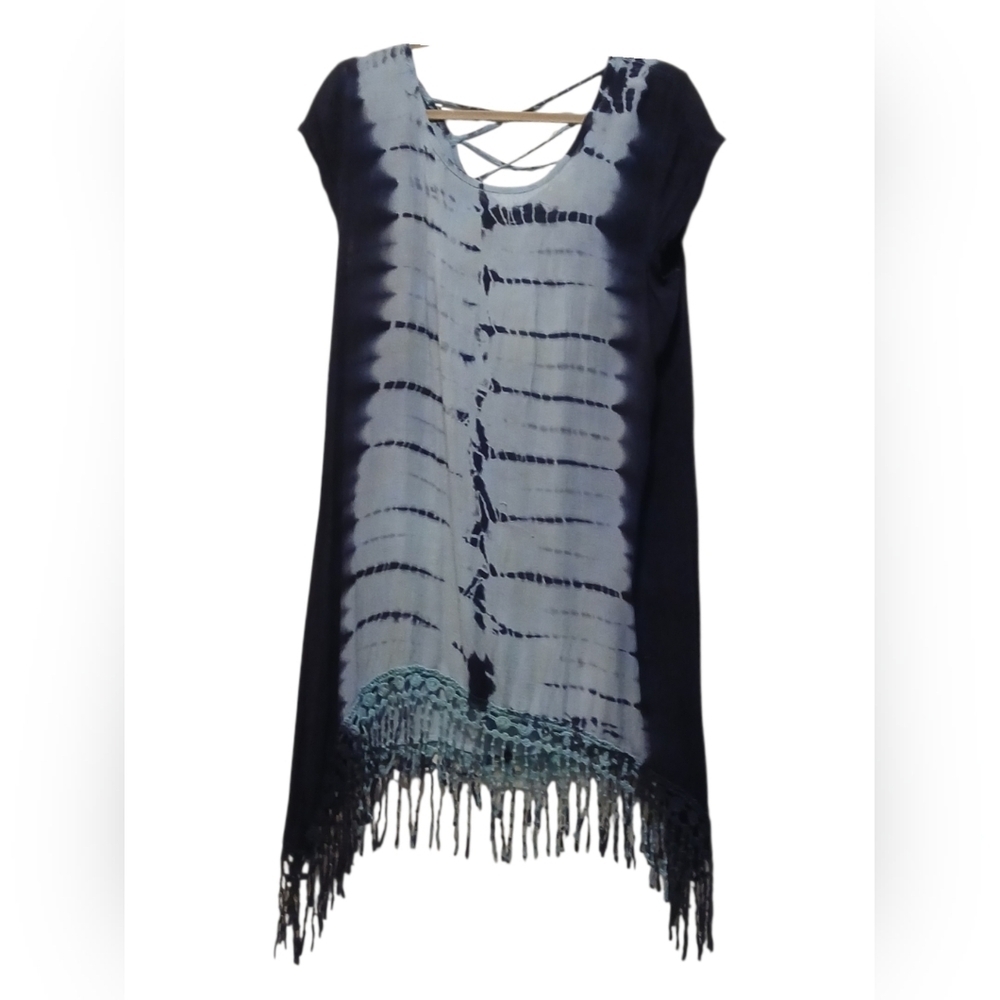 Blue Island - NWOT Hi/Lo Tie-Dye Beach Dress W/Crochet Fringe, Criss Cross Back - Picture 6 of 13